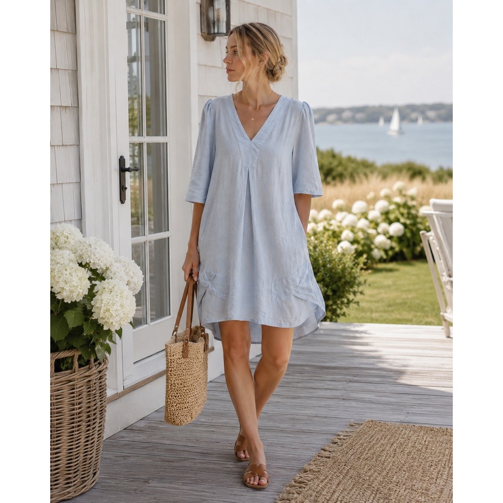Cynthia Rowley  Blue Linen V-Neck Petal Hem Dress Scandinavian Coastal Lagenlook